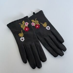 NWOT Kate Spade Black Leather Driving Gloves with Floral Design - Size Small